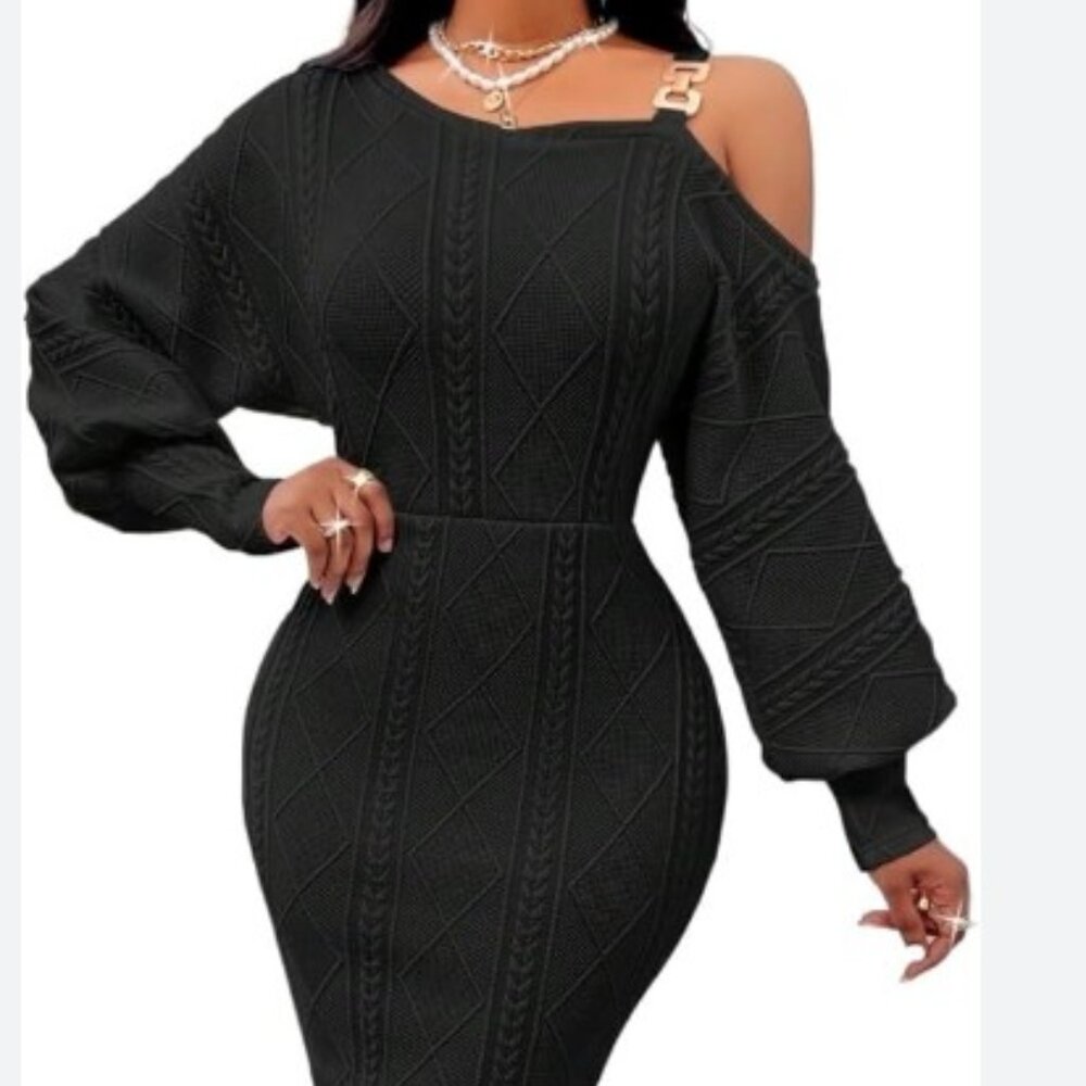 One Shoulder Lantern Sleeve Midi Dress Slim Fit High Waist Party Black Dress